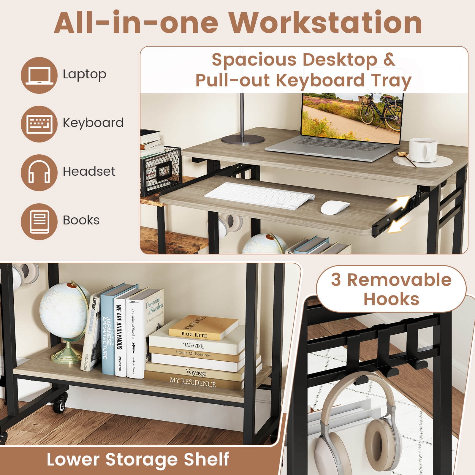 Costway Mobile Laptop Desk with Keyboard Tray, Lower Shelf, 3 Hooks, 4 Universal Wheels Gray