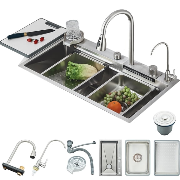 32x18 In Drop In Kitchen Sink with Faucet Combo Stainless Steel Single Bowl Set