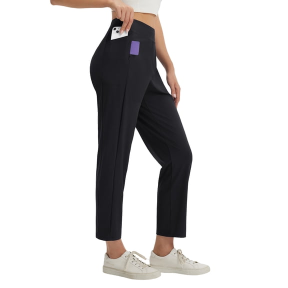baleaf Women's Petite Casual Pants with 3 Pockets 25" Ankle Golf Travel Pant Pull On Stretchy 7/8 Work Slacks Black L