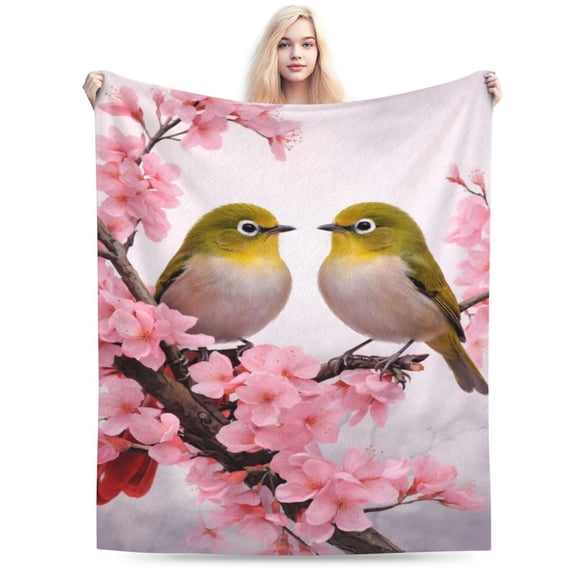 Cherry Blossom Birds Blanket, Mothers Day Spring Gift Soft Cozy Plush Flannel Blanket for Sofa Couch Bed Living Room Decor 50x40