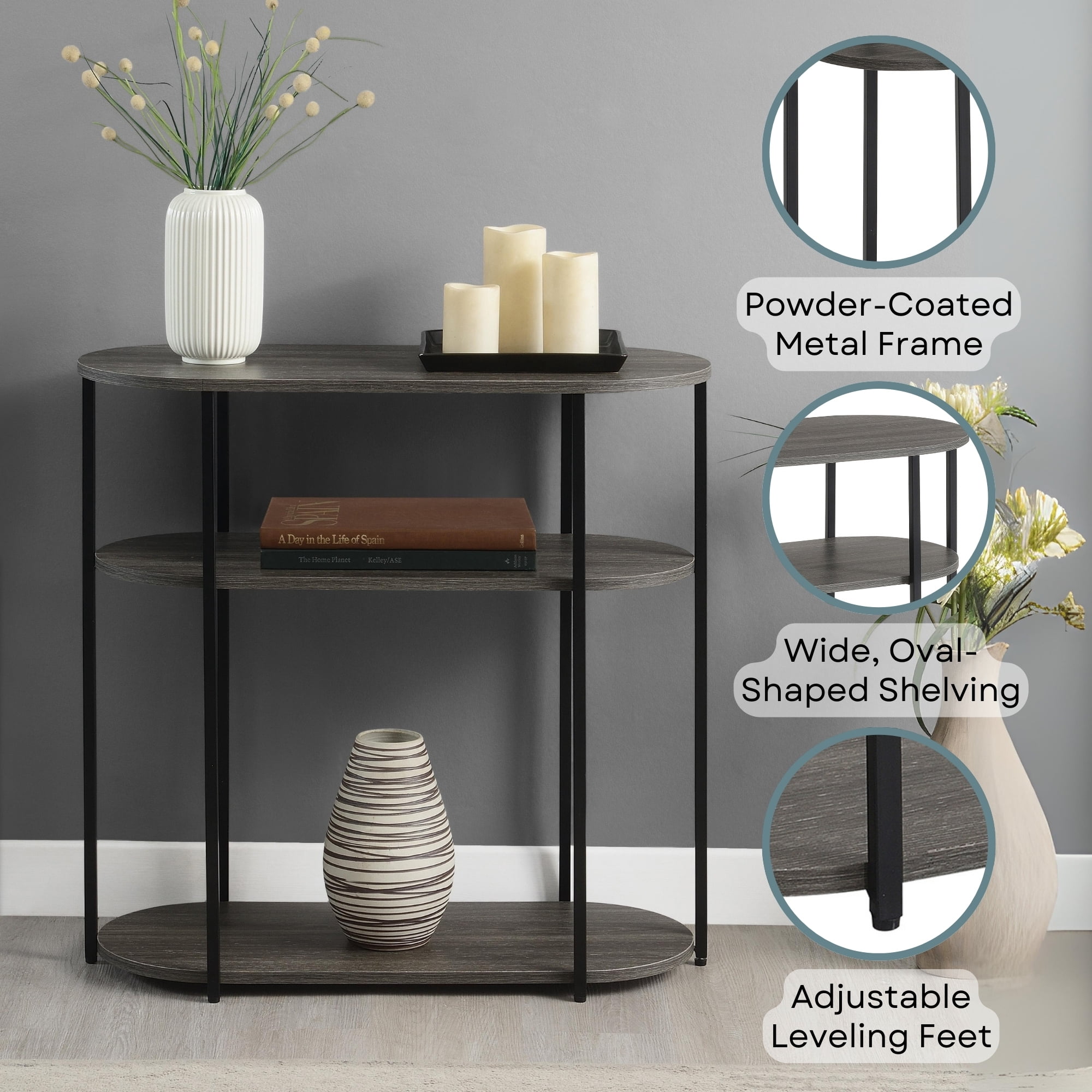 Convenience Concepts Designs2Go Simon 3 Tier Oval Entryway Hall Table, Weathered Gray/Black