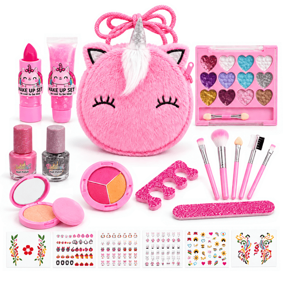 Rirool Kids Makeup Kit with Pink Plush Unicorn Bag, 12-Pan Eyeshadow Palette, Round Powder Compact, Three-Color Palette, Lipstick, Lip Gloss, Brushes, Nail Polish and Accessories, Birthday Gift