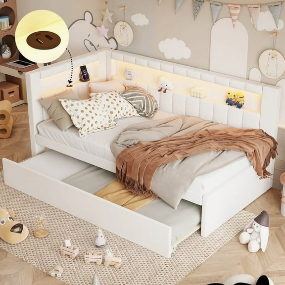 Duxelifin Twin Daybed with USB Ports & LED, Corner Bed Frame Platform Bed Frame with Upholstered and Trundle for Bedroom, Guest Room, White