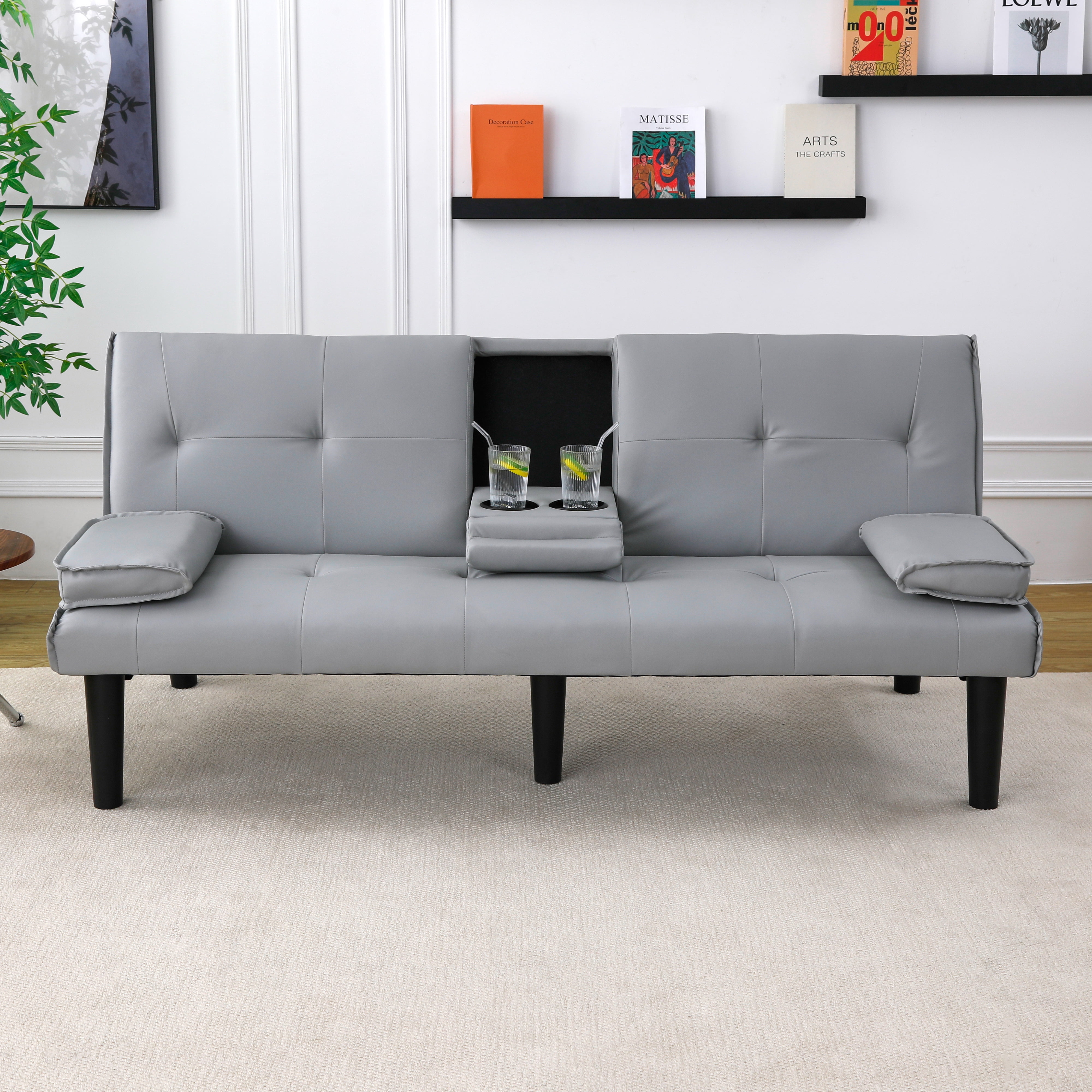 BSHTI 67-inch Foldable Futon Sleeper with S-Spring Support, 2-Seater Convertible Sofa Bed, PVC Faux Leather, Simple Assembly, Light Gray
