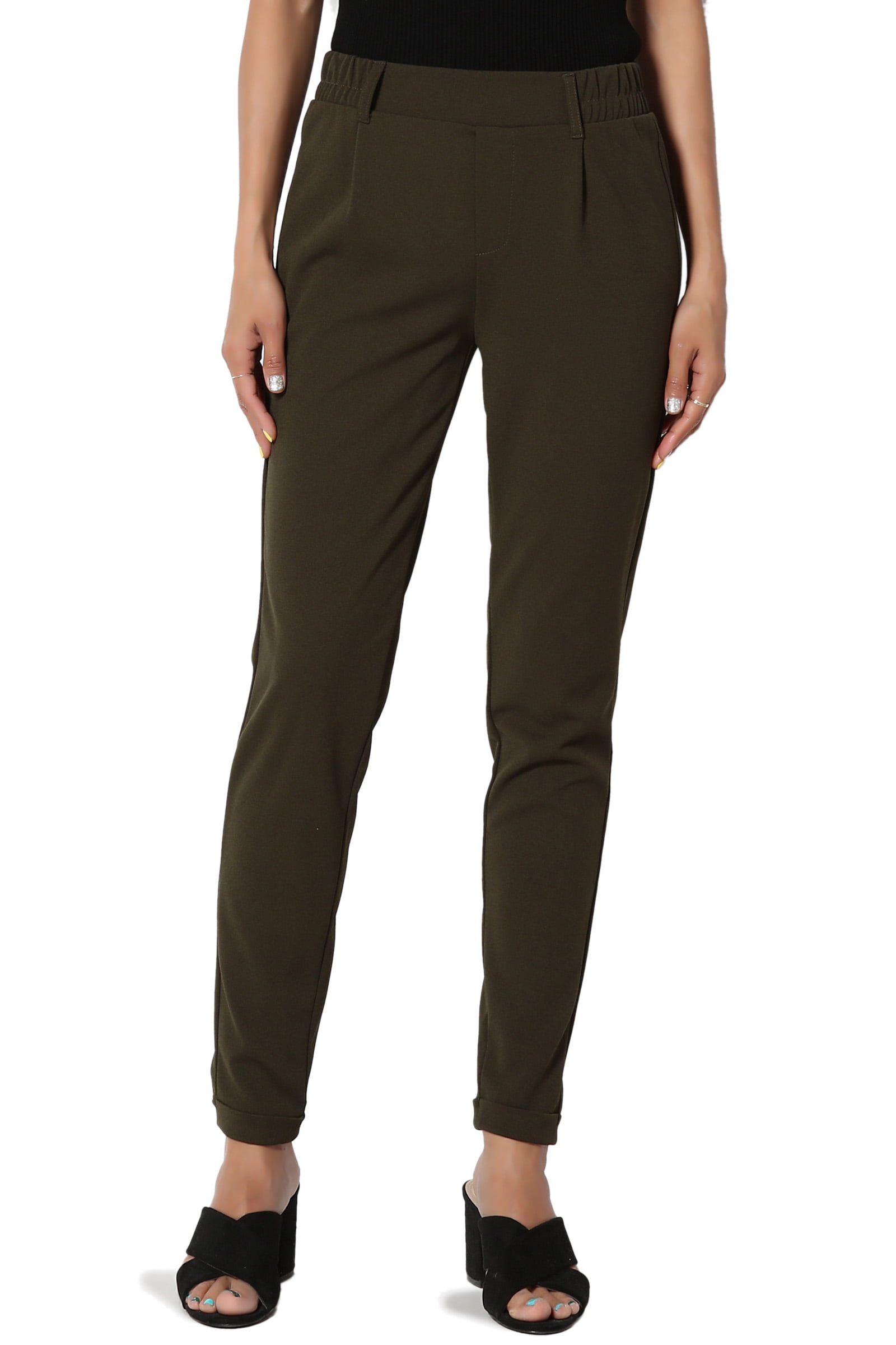 TheMogan Elastic Waist Stretch Crepe Tapered Leg Pants Mid Rise Pull-On Trousers