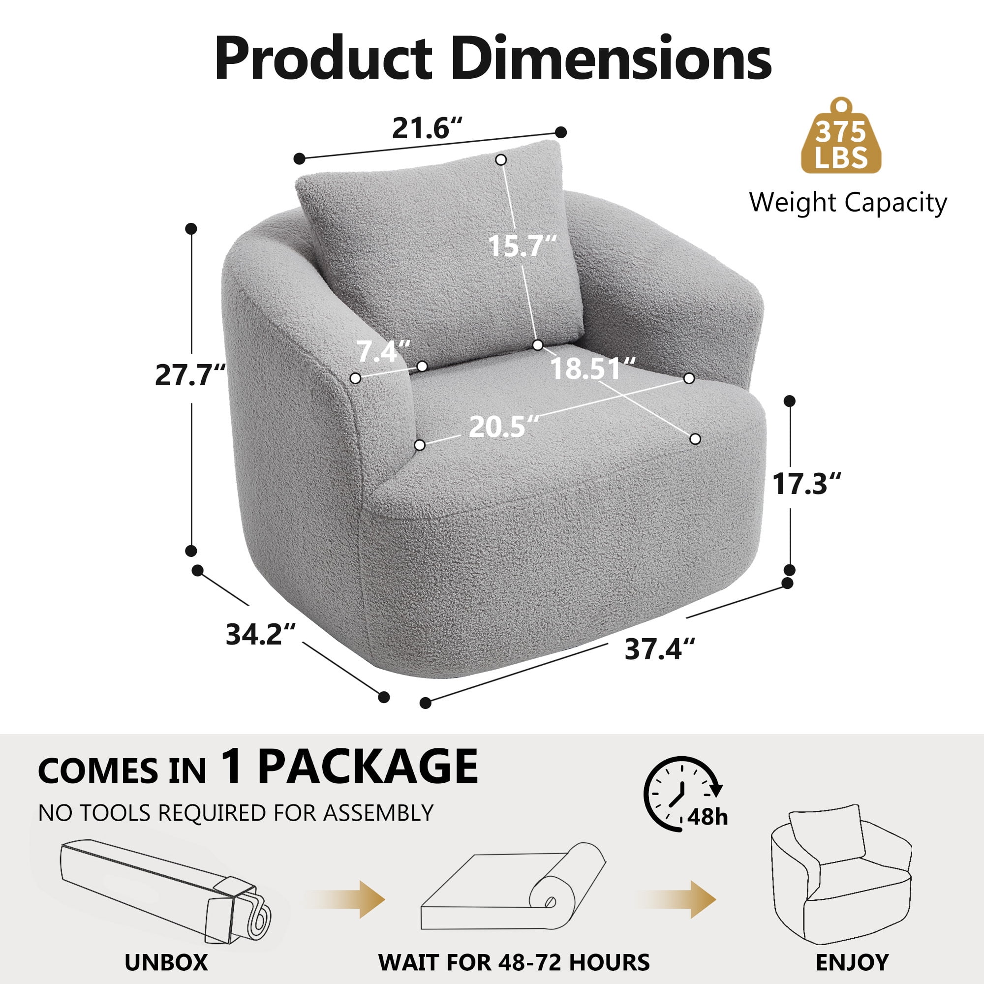 Swivel Accent Chair,360° Round Upholstered Armchair with One Soft Pillow,Teddy Fleece High-Resilience Sponge Single Sofa for Living Room, Bedroom, Apartment,No Assembly,Light Gray