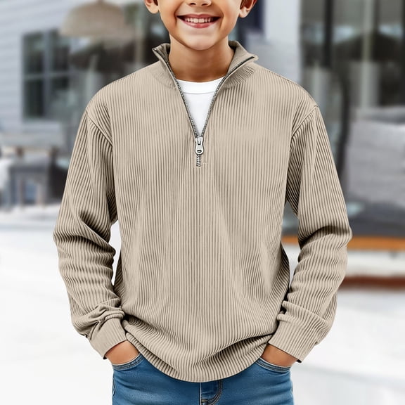 Boys Quarter Zip Pullover, Hoodless Sporty Sweatshirt with Ribbed Cuffs, Solid Color Long Sleeve Top for Kids, Youth Athletic Casual Wear Beige 110