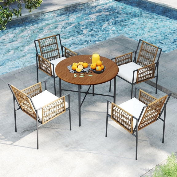 LAUSAINT HOME 5 Piece Patio Dining Set, Outdoor Wicker Chairs & Round Table with Umbrella Hole, Beige Cushions, Weather Resistant Furniture for Backyard, Poolside