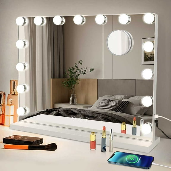 DingLiLighting 23" Hollywood Vanity Mirror LED Tabletop Mirror Smart Touch Control White with 15 Dimmable Light, USB Outlet Color Changing