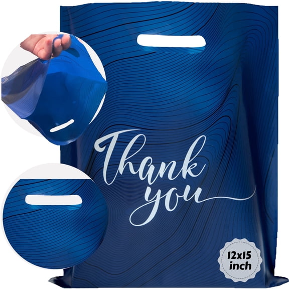 Rainbows & Lilies 100 Blue Thank You Plastic Bags with Handles, 12x15 Bulk Shopping Bags for Small Business, Retail, Merchandise, Gifts, Party Favors