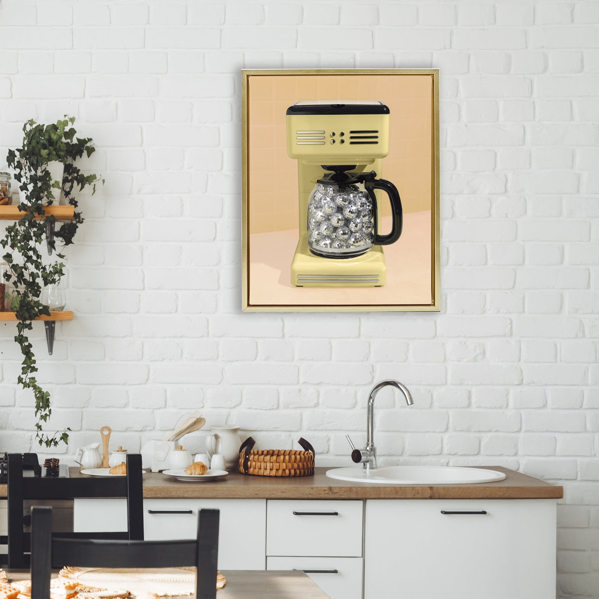 Stupell Industries Disco Coffee Maker over Yellow Gold Framed Floater Canvas Wall Art, design by LISH Creative
