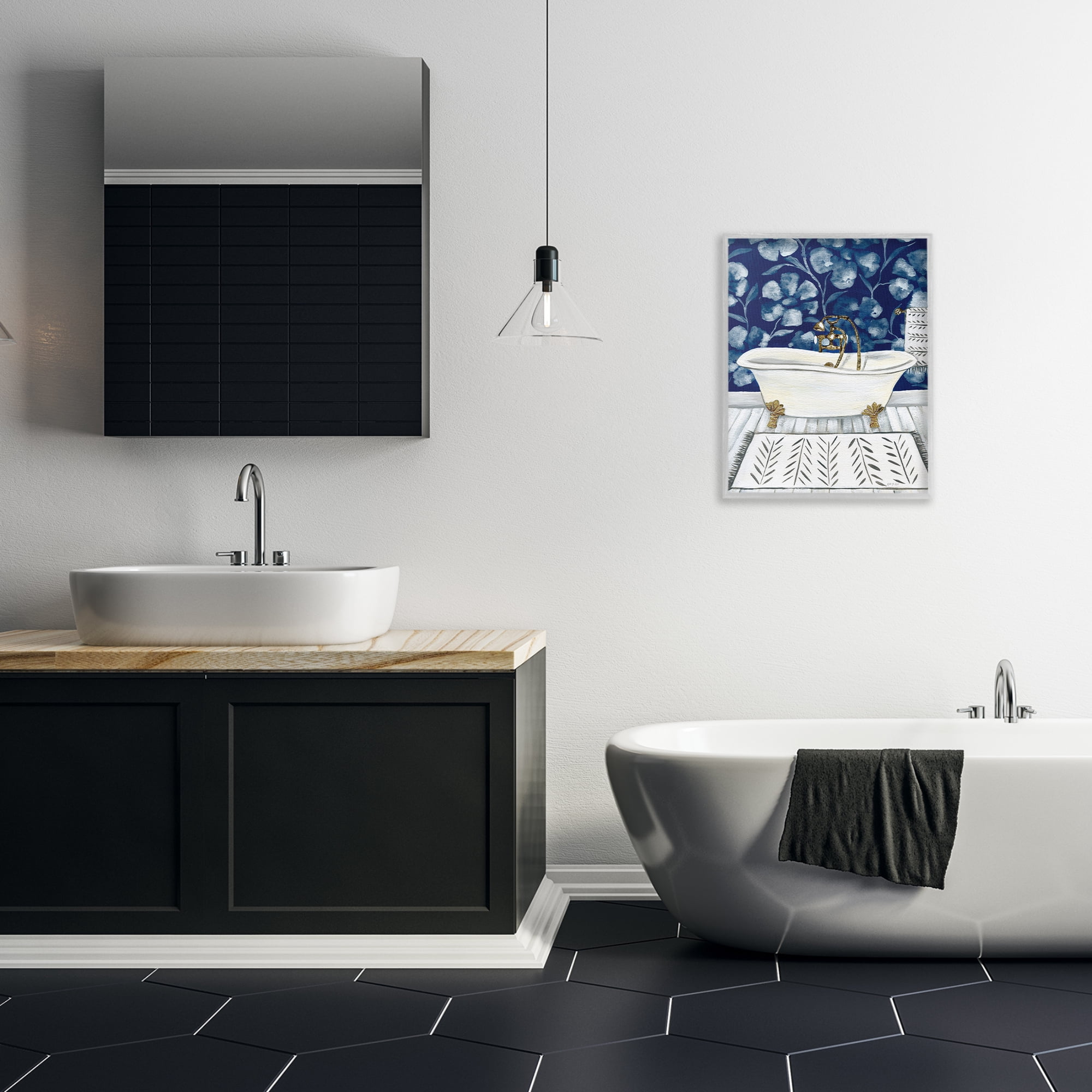 Stupell Industries Bold Blue Bathtub Typography Painting Gray Framed Art Print Wall Art, 16 x 20