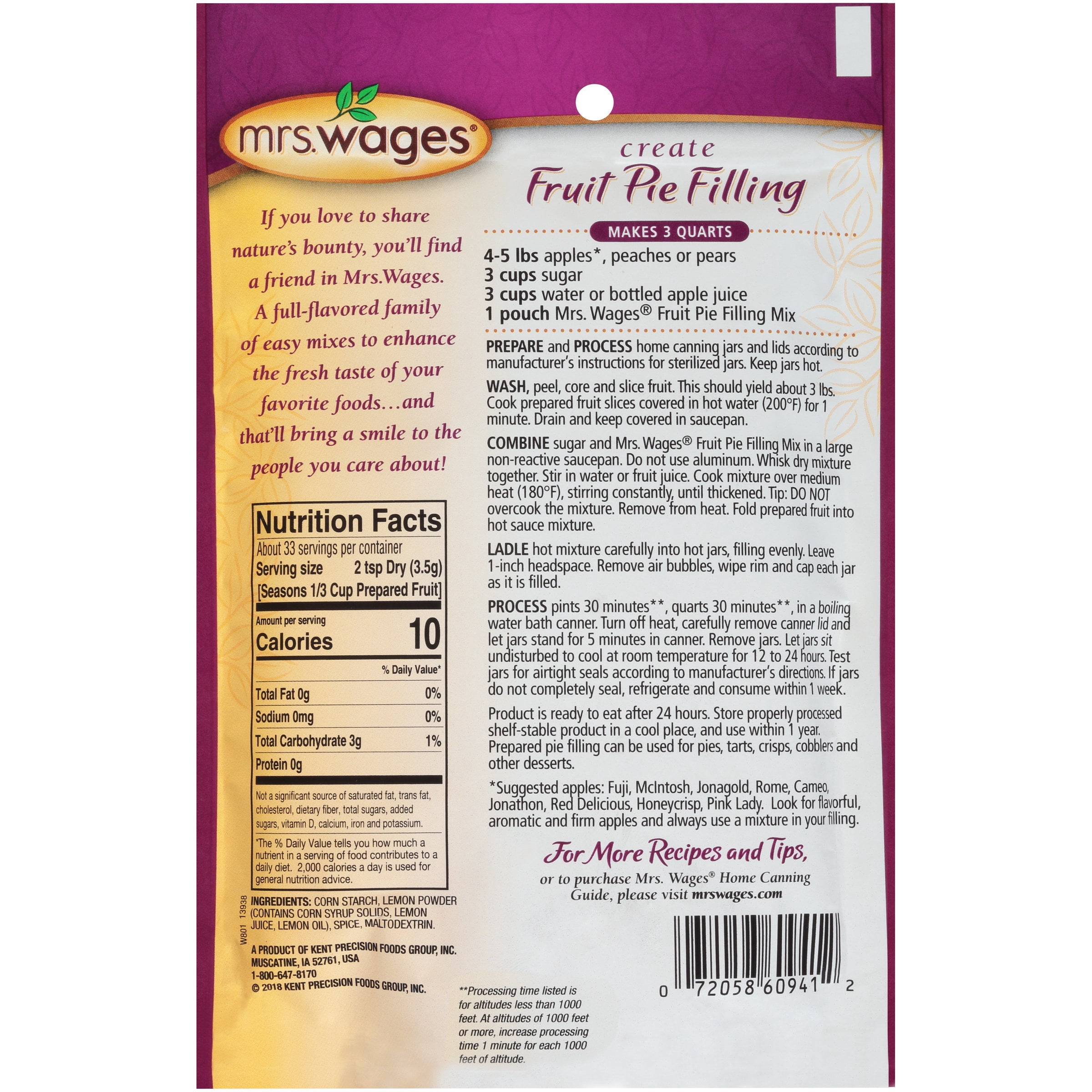 (2 pack) Mrs. Wages Fruit Pie Filling Seasoning Mix | Enhance Any Fruit | Fresh Pie Filling | Multiple Uses | 0.8 oz Packet Allergen-Free
