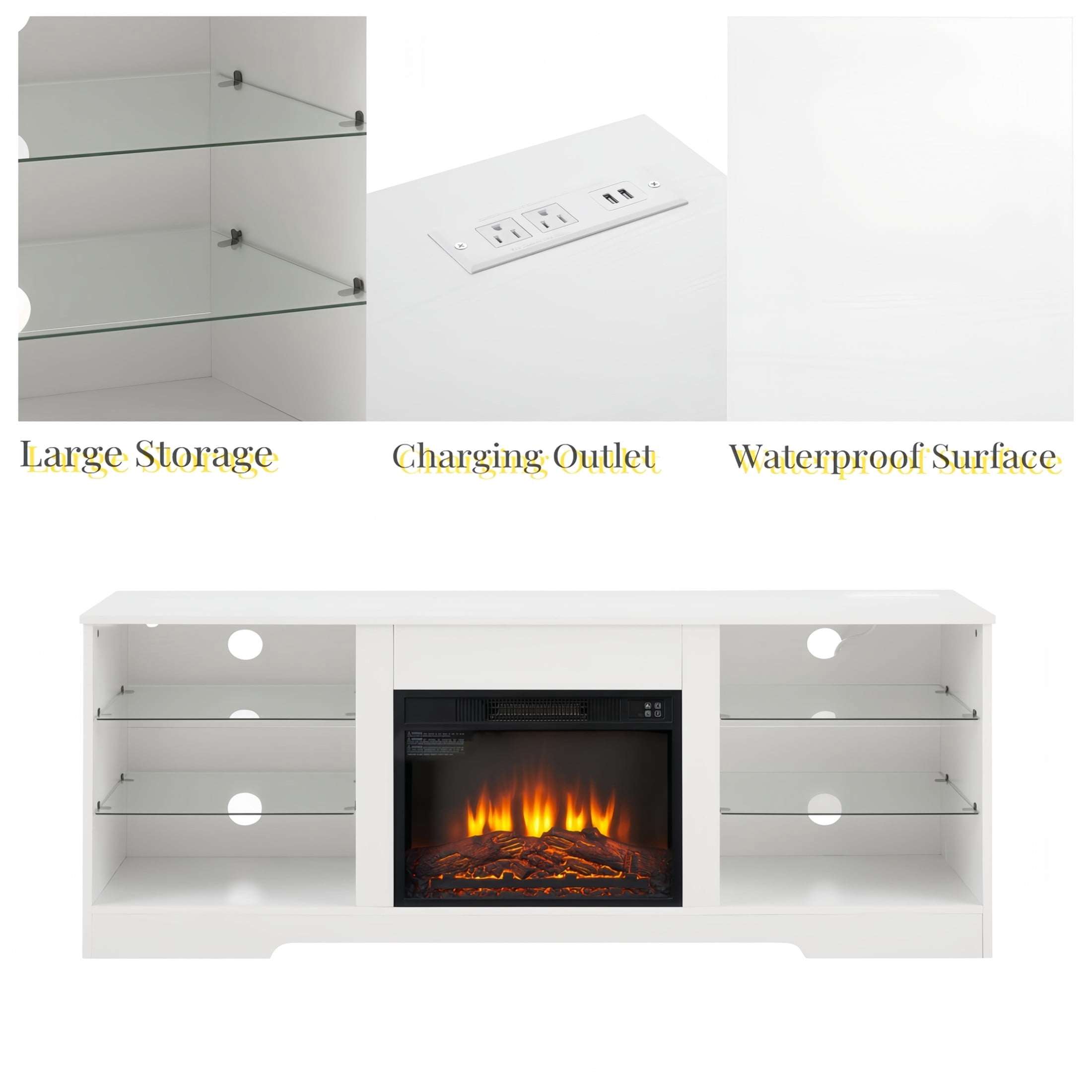 Noble House Hector 58" Electric Fireplace TV Stand, Media Console with Glass Shelves, Cable Hole, 62" TVs, White