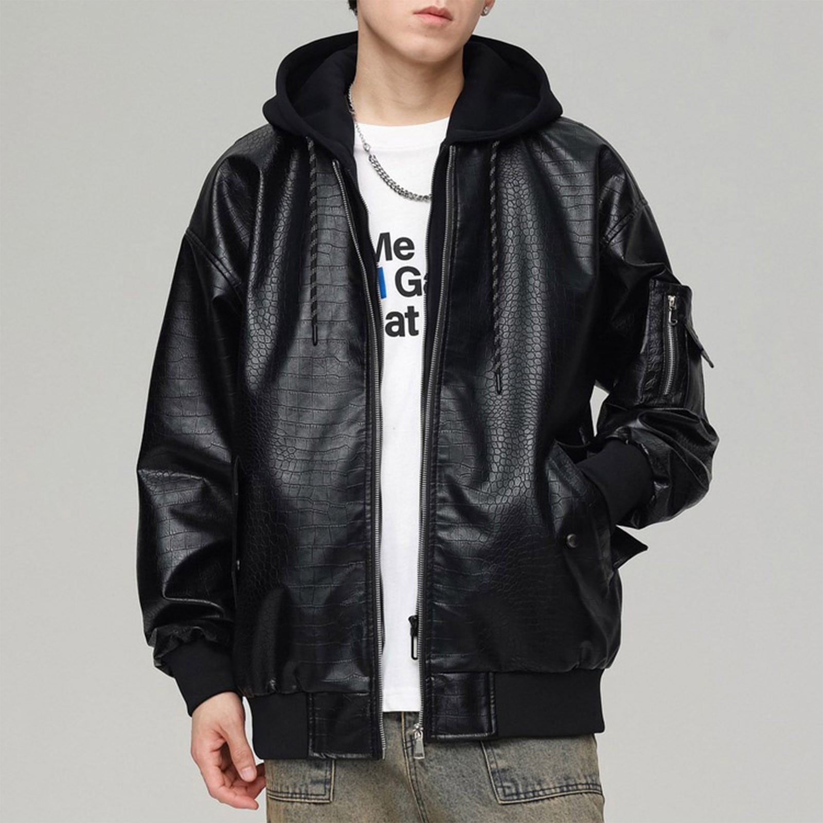 Maoxin Mens Leather Jacket Men Fashion Solid Color Zipper Pocket Hooded Long Sleeve Hooded Leather Outwear Leather Jacket Men