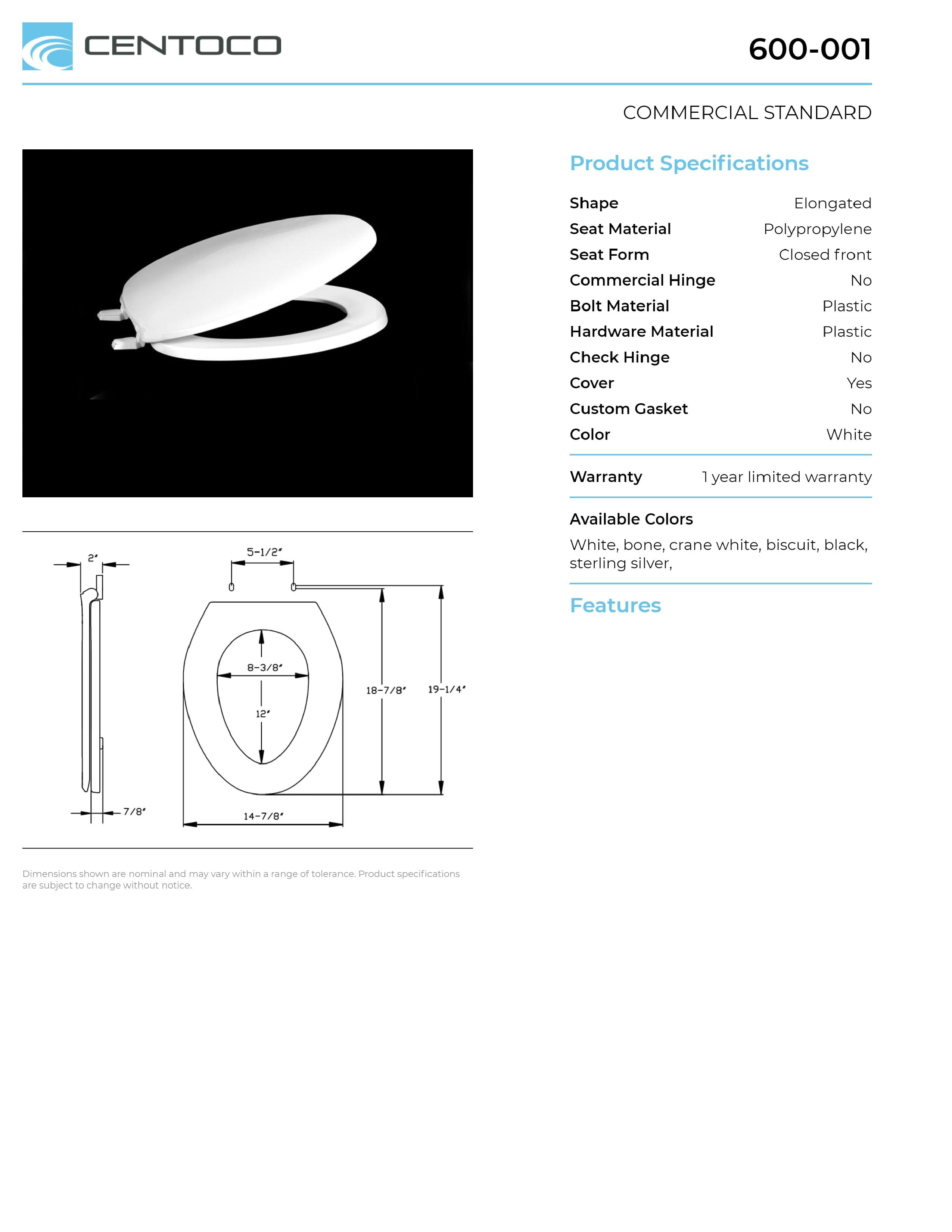 Centoco 600-416 Elongated Plastic Toilet Seat, Residential and Light Weight Commercial, Biscuit