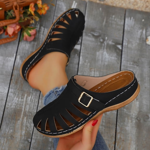 Xdegoge Sandals for Women Casual Summer Closed Toe Cutout Mule Clogs Flatform Slide Slippers Low Wedge Adjustable Buckle Strap Walking Shoes
