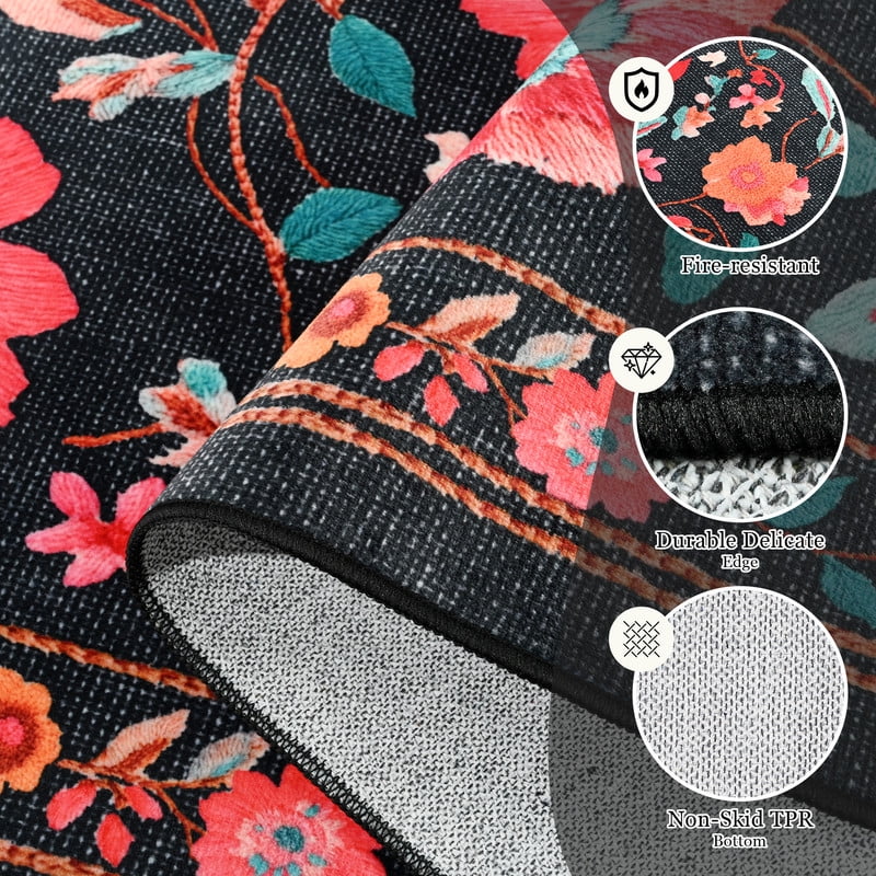 GUUCHA 9'x12'Area Rugs for Living Room Floral Print Rug Floor Carpet for Bedroom,Black/Red