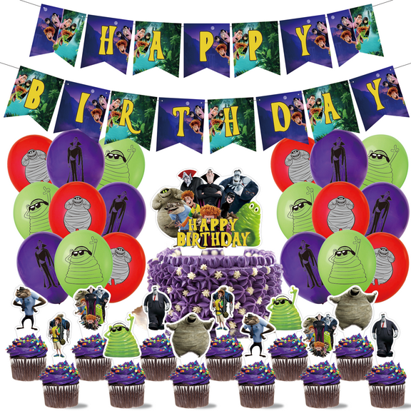 32 Pcs For Hotel Transylvania Theme Birthday Party Decoration Set - Includes Happy Birthday Banner, Cake Topper, Cupcake Toppers, and Balloons for Kids’ Celebrations