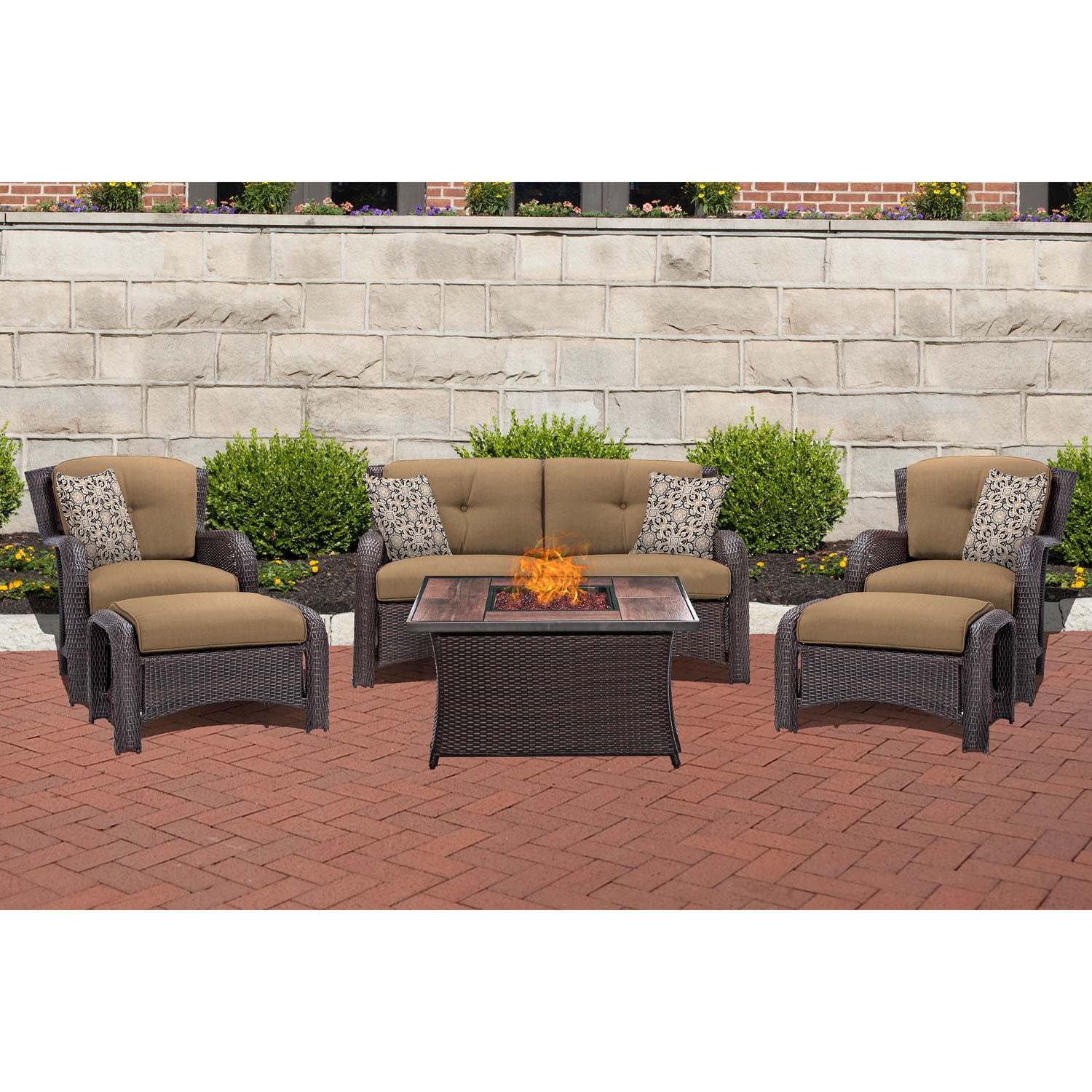 Hanover Strathmere 6-Piece Firepit Lounge Set with Glazed Faux-Wood Tile Top by Hanover