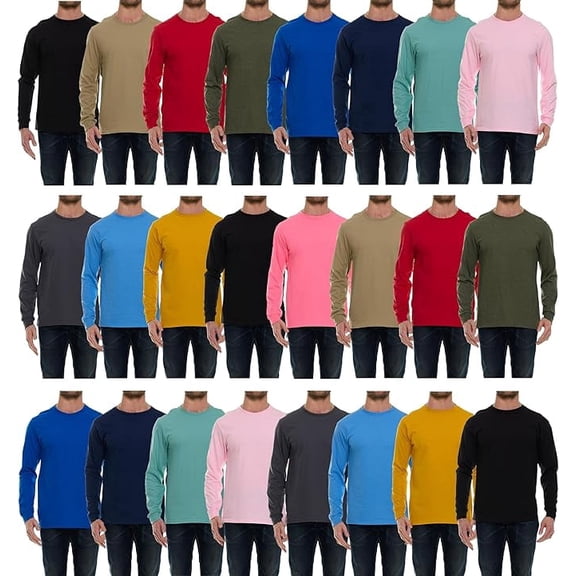 BILLIONHATS Mens Long Sleeve Light and Dark Colorful T-Shirts, Cotton Blend - Crew Neck Bulk Tees for Men, Wholesale Sleeved T-Shirt 24 Packs - Size Medium