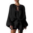 thumbnail image 2 of Elegant Ruffle Short Dress for Women Pleated Lantern Long Sleeve Lace Up Tie Waist Bohemian Beach Dresses Black XL, 2 of 8