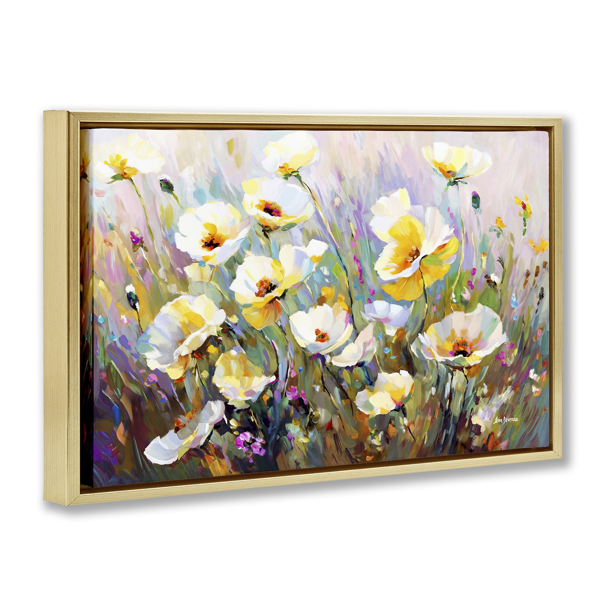 Stupell Industries Sunlit Petals Embrace Botanical & Floral Painting Gold Floater Framed Art Print Wall Art, 25 x 17