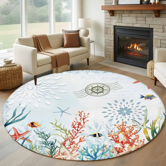 6ft Round Rug, Coastal Blue Non-Skid Rubber Backing Large Area Rugs - Living Room Bedroom Home Office, Ocean Coral Starfish Shell Nautical Seagrass Indoor Floor Mat Carpets Washable Rug
