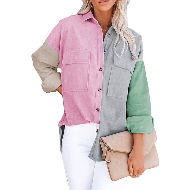 Abrigo de mujer Camisa de bolsillo con botones en bloque de color Otoño Invierno Solapa de pana Blusa superior cálida informal, Rosa Gris, L AweSitey AP003978-27