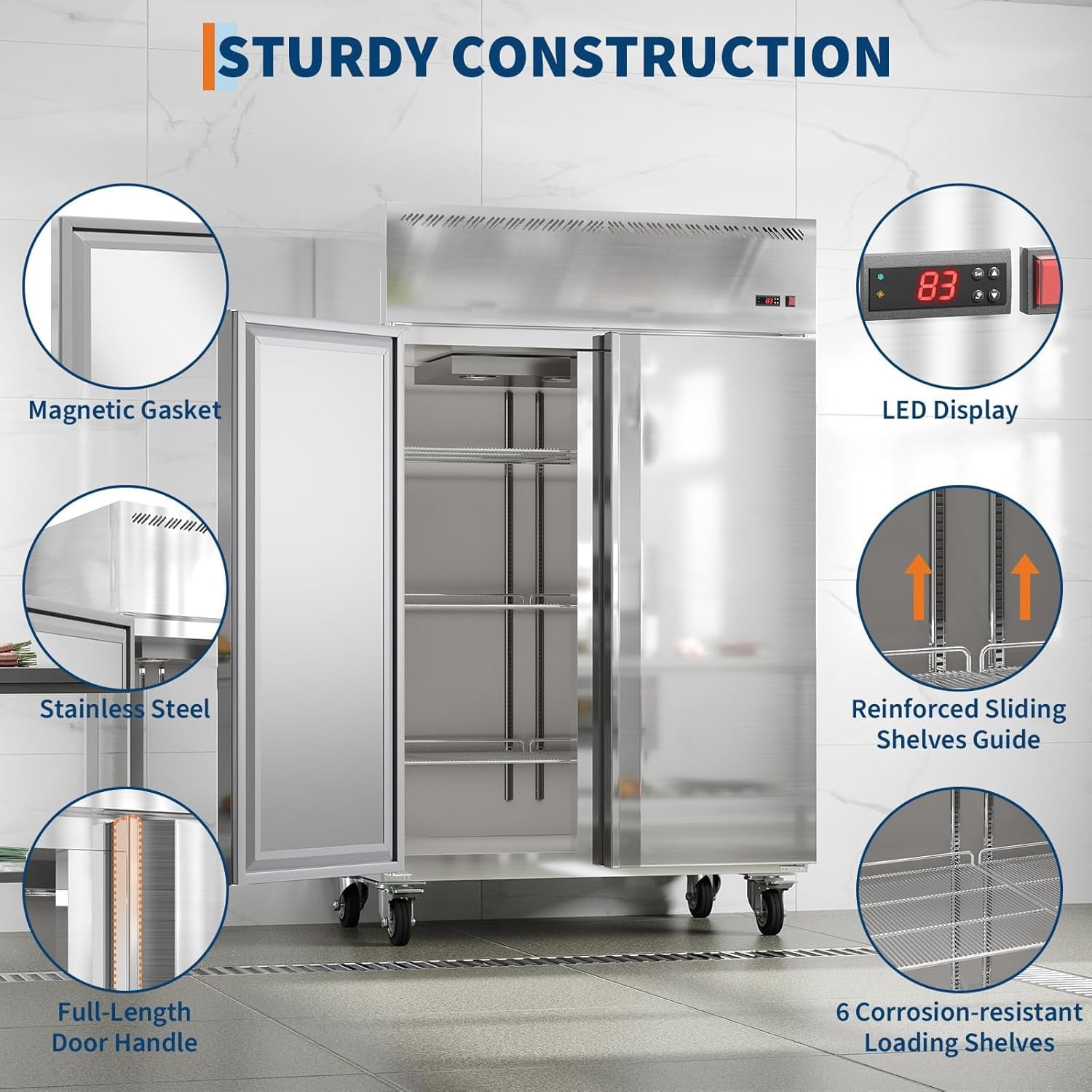 48-Inch Commercial Upright Freezer, 36 Cu. Ft. Stainless Steel Reach-In Deep Freezer with 2 Solid Doors, Digital Temp Control (-8°F to 0°F), Auto Defrost & 6 Shelves for Restaurant, Cafe & Kitchen