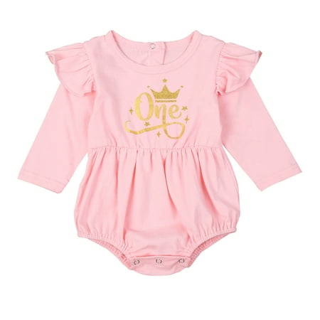 

Puloru Baby Girls Birthday Romper Cute Long Sleeve Letter ONE Print Ruffle Bodysuit Cake Smash Clothes