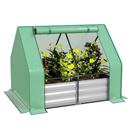 SAZYY 4'x3' Galvanized Raised Garden Bed with PE Greenhouse Cover & Roll-Up Door, Metal Planter Box for Flowers, Vegetables, Outdoor Gardening, Green