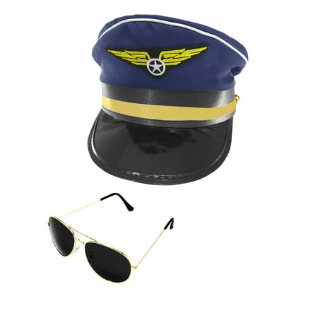 Airplane Pilot Airline Aviator Sunglasses Navy Captain Hat Cap Adult Costume Set