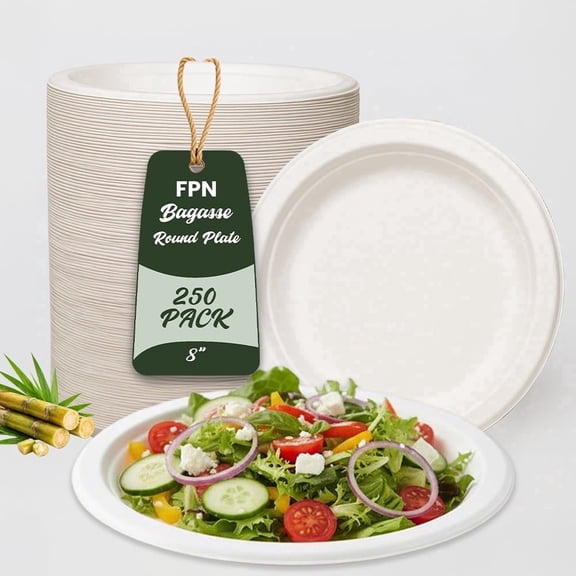 FPN Round Plates Disposable  (250, 8 IN) - Sugarcane Bagasse 100% Compostable – Sturdy, Compostable, Microwave & Freezer Safe, BPA-Free Natural Tableware for Parties, Weddings, Events
