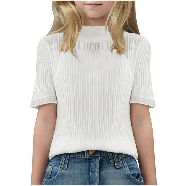 biudgviw Blouses for Girls Ruffle Short Sleeve Mesh Mock Neck Ribbed Textured Lace Shirts Casual Loose Tee Tops 6-15 Y