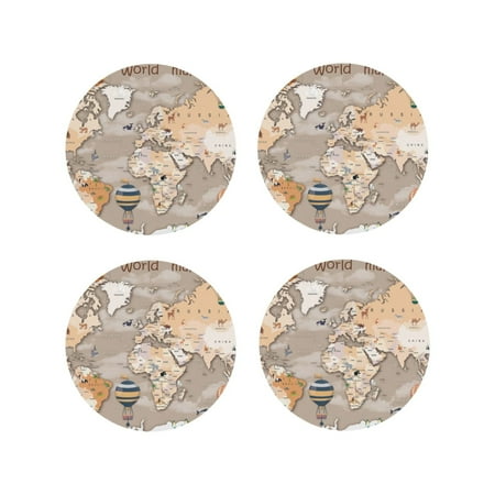 

Honeii World Map With Animals Print Leather Coaster Set of 4 Ideal for Safeguarding Your Furniture from Drinks Spills and Effortless Cleanup-Round Shape