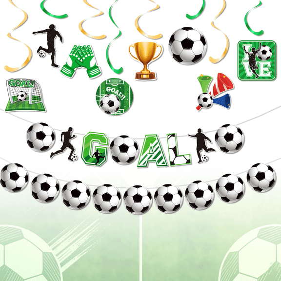 Weekend Party Decoration Set - Goal! Soccer-Themed Banners and Spiral Hanging Decorations for Celebrations