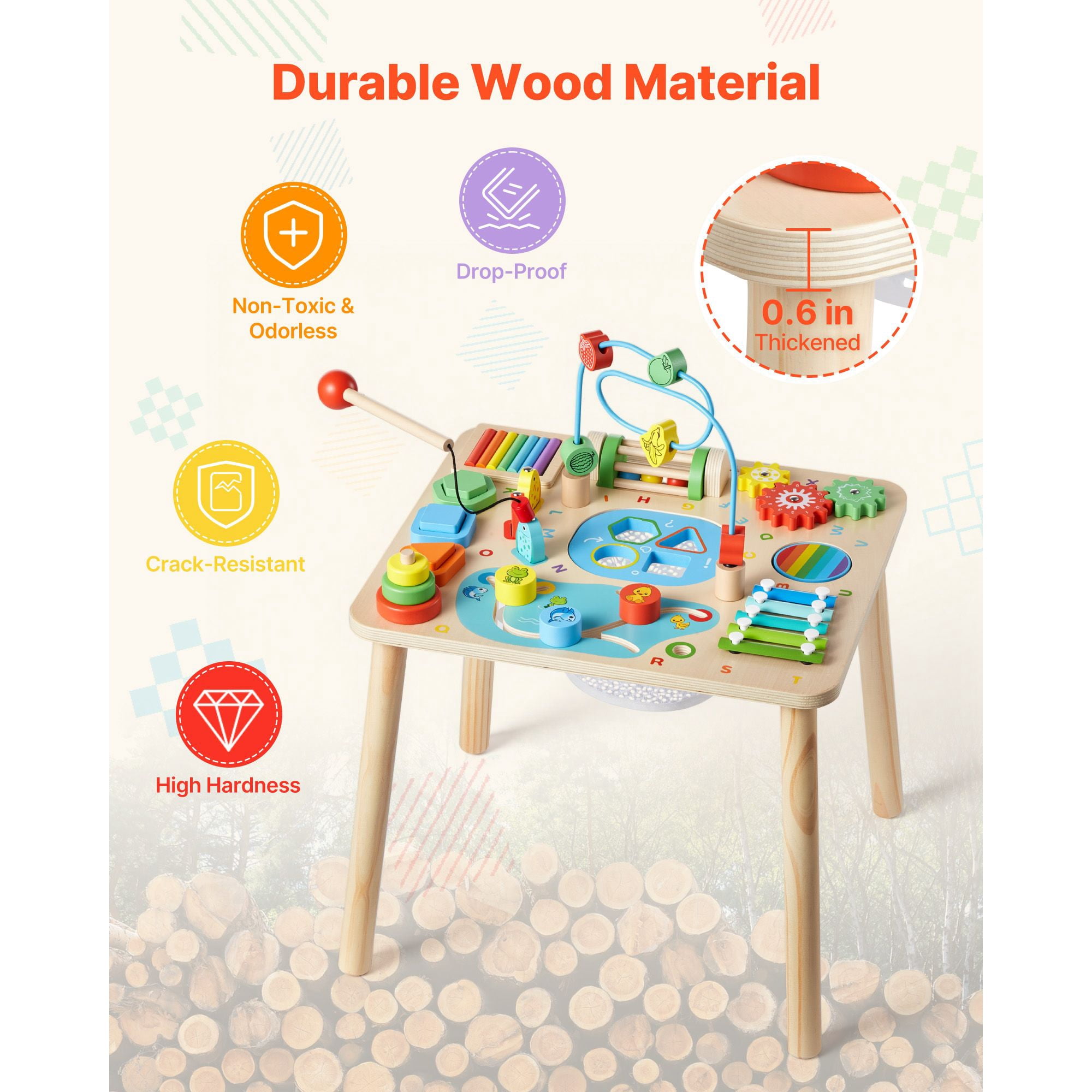 Montessori Activity Table for Toddler 1-3 Years Old, 13 in 1 Wooden Learn Activity Desk, Baby Play Table for Boys & Girls Aged 6+ Months, Great Birthday, Christmas, Children's Day Present