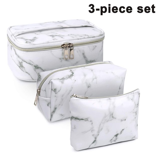 Bolsa de maquillaje de 3 piezas, bolsa de artículos de tocador, bolsa de cosméticos portátil, organizador de viaje, resistente al agua para mujeres, mármol