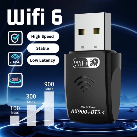 WiFi 6 USB Wireless Adapter with Bluetooth 5.4, Dual Band 900Mbps (600Mbps 286Mbps), 2.4G/5G, Driver-Free Plug & Play, Mini Wireless Receiver & Transmitter for PC/Laptop.