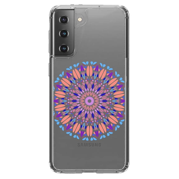 DistinctInk Clear Shockproof Hybrid Case for Galaxy S21 5G (6.2" Screen) - TPU Bumper Acrylic Back Tempered Glass Screen Protector - Modern Mandala - Blue Peach Purple