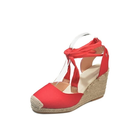 

Daeful Ladies Espadrilles Sandal Beach Pumps Shoes Ankle Strap Wedge Sandals Party Casual Anti Slip Closed Toe Platform Red 7