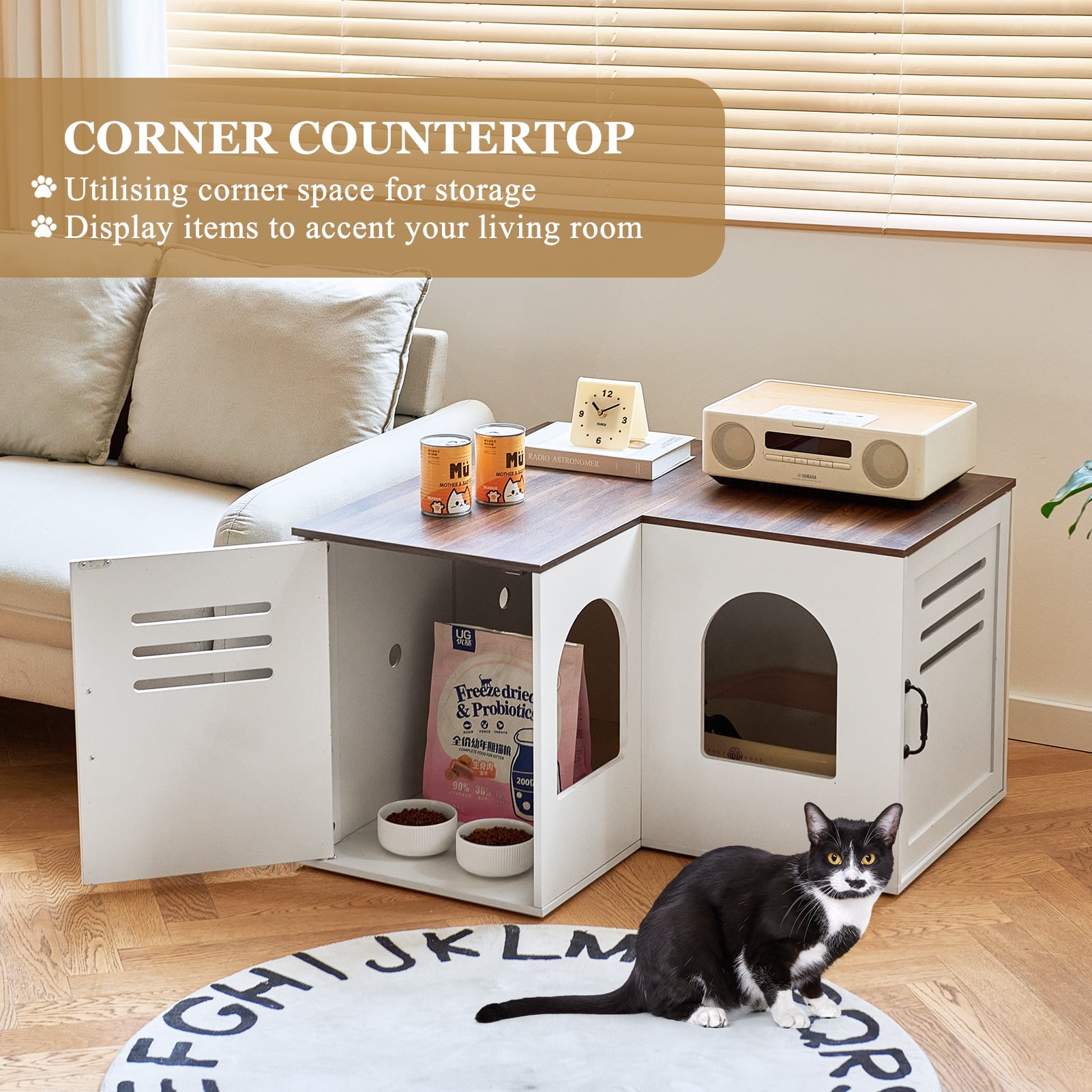 JanflyHome Litter Box Enclosure Furniture, Farmhouse Corner Cat Litter Box Enclosure for 2 Cats with 2 Silicone Food Bowls, White