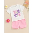 thumbnail image 4 of Aojekbee Little Girl Shorts Outfit Fuzzy LetterFloral Embroidery Short Sleeve Tops with Solid Color Shorts 2 Pcs Summer Clothes, 4 of 10