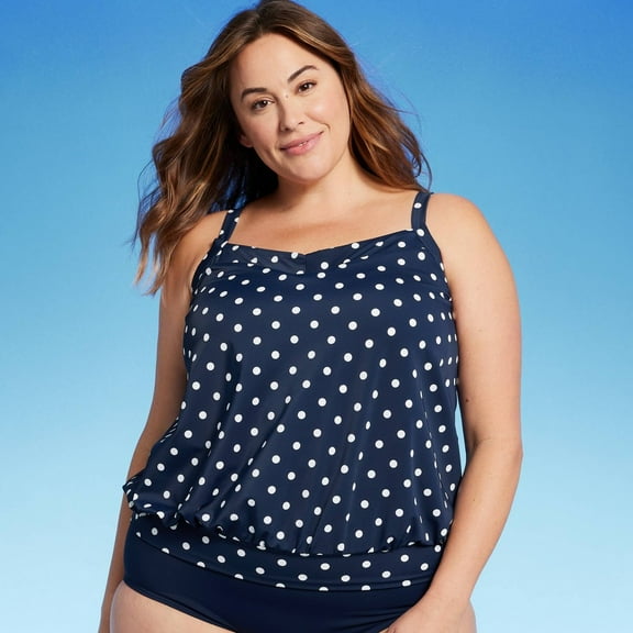 Lands' End Women's UPF 50 Polka Dot Blouson Tankini Top - Navy Blue 2X