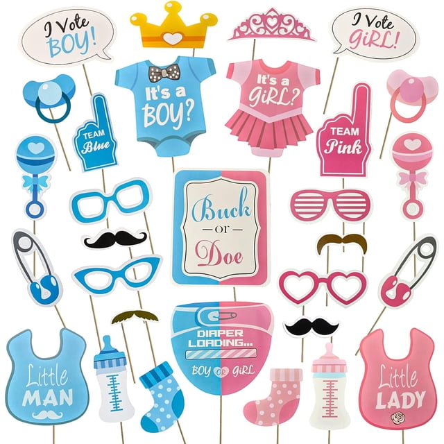 Paquete de 30 accesorios para fotomatón de baby shower, niño y niña, accesorios para fiesta de revelación de género o baby shower, decoraciones infantiles, decoración de bautismo y baby shower JM