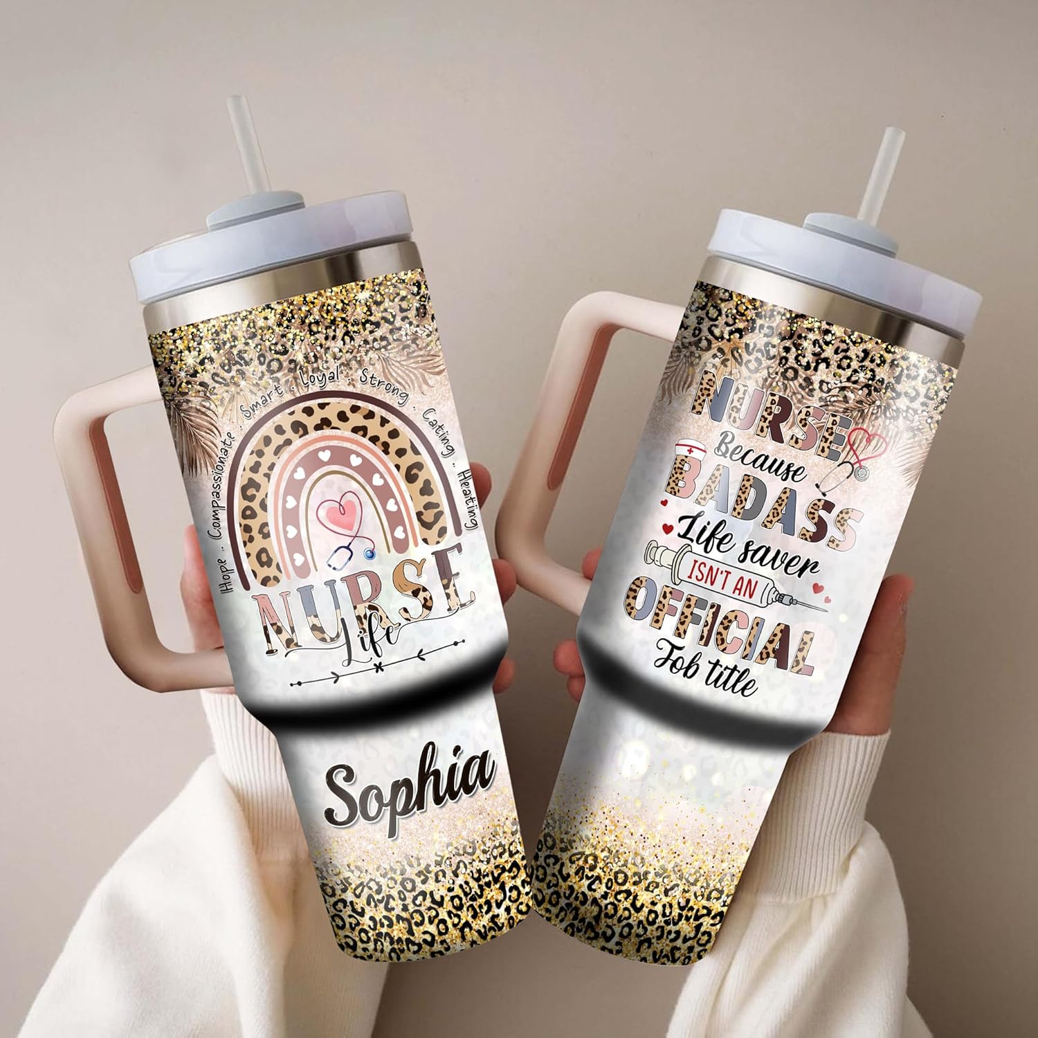 Personalized Nurse Life Cheetah Rainbow Leopard Cup With Lid 40oz Stainless Steel Tumblers Birthday Christmas Medical Healthcare Appreciation Gift Idea For Women Nurses Nursing School