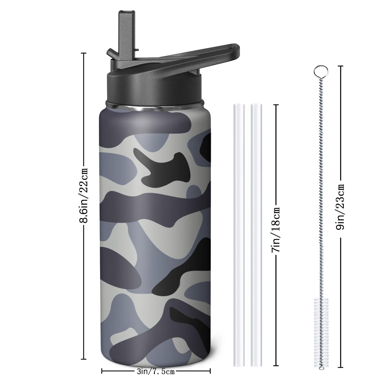 Camouflage Insulated Stainless Steel Water Bottle with Straw & Cleaning Brush – 18 Oz | Leakproof, BPA-Free, 304 Stainless Steel, Wide Mouth, Travel Mug for Car, Gym, Office