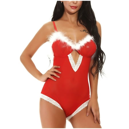 

Tarmeek Women Plus Size Sexy Red Lingerie Jumpsuit Christmas Women Hollow V-Neck Temptation Underwear Teddy Babydoll Bodysuit Sleepwear Sexy Lingerie for Women Naughty for Sex/Play