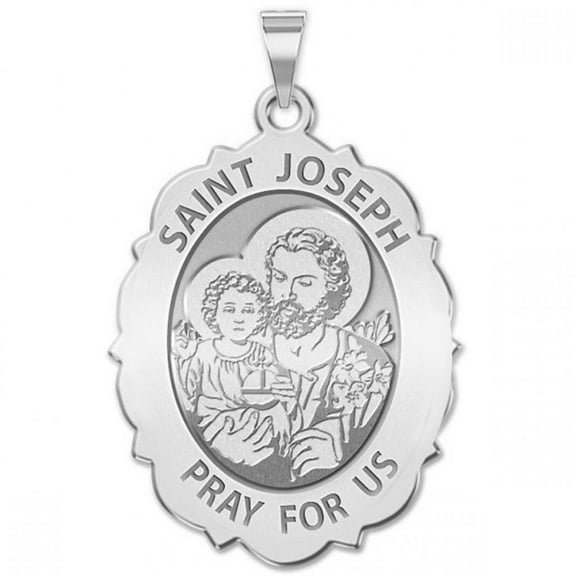 Picturesongold.Com Saint Joseph Religious Scalloped Oval Medal - 2/3 inch x 3/4 inch - Sterling Silver